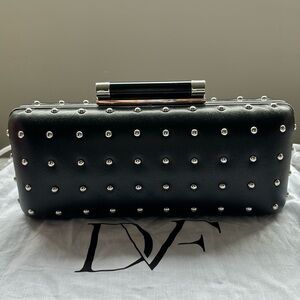 DVF gorgeous black leather clutch bag with silver studded detail